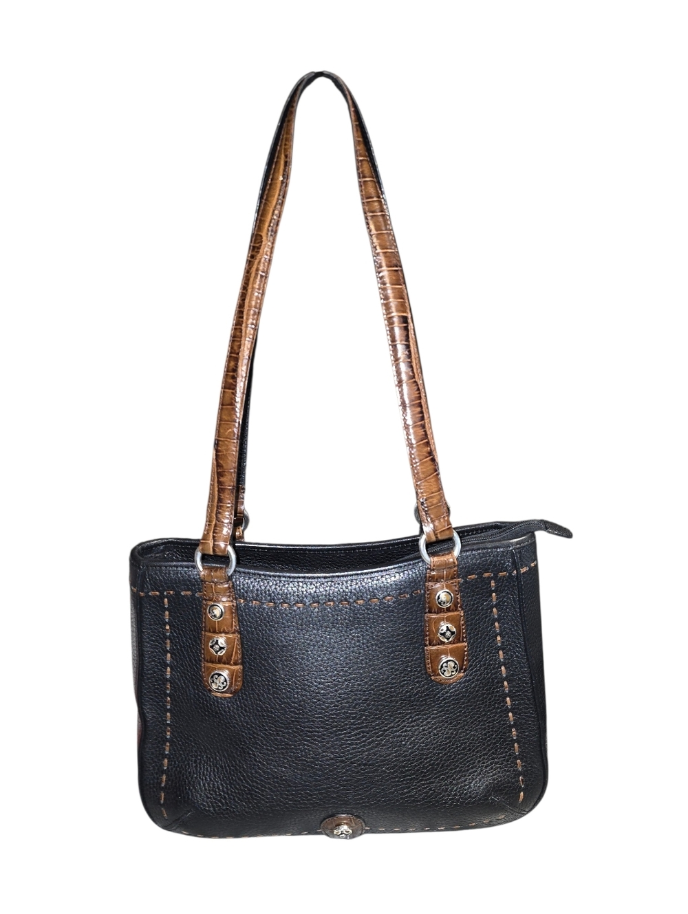 VTG Brighton Purse D177036 Pebbled Black Leather Brown Croc 2 Handles 11"